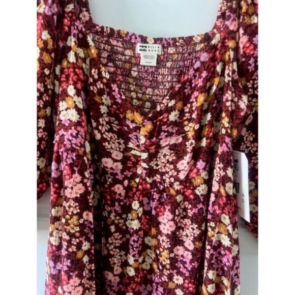 Billabong Floral Square Neck Puff Sleeve Mini Dress In Burgundy Mix - Picture 10 of 10